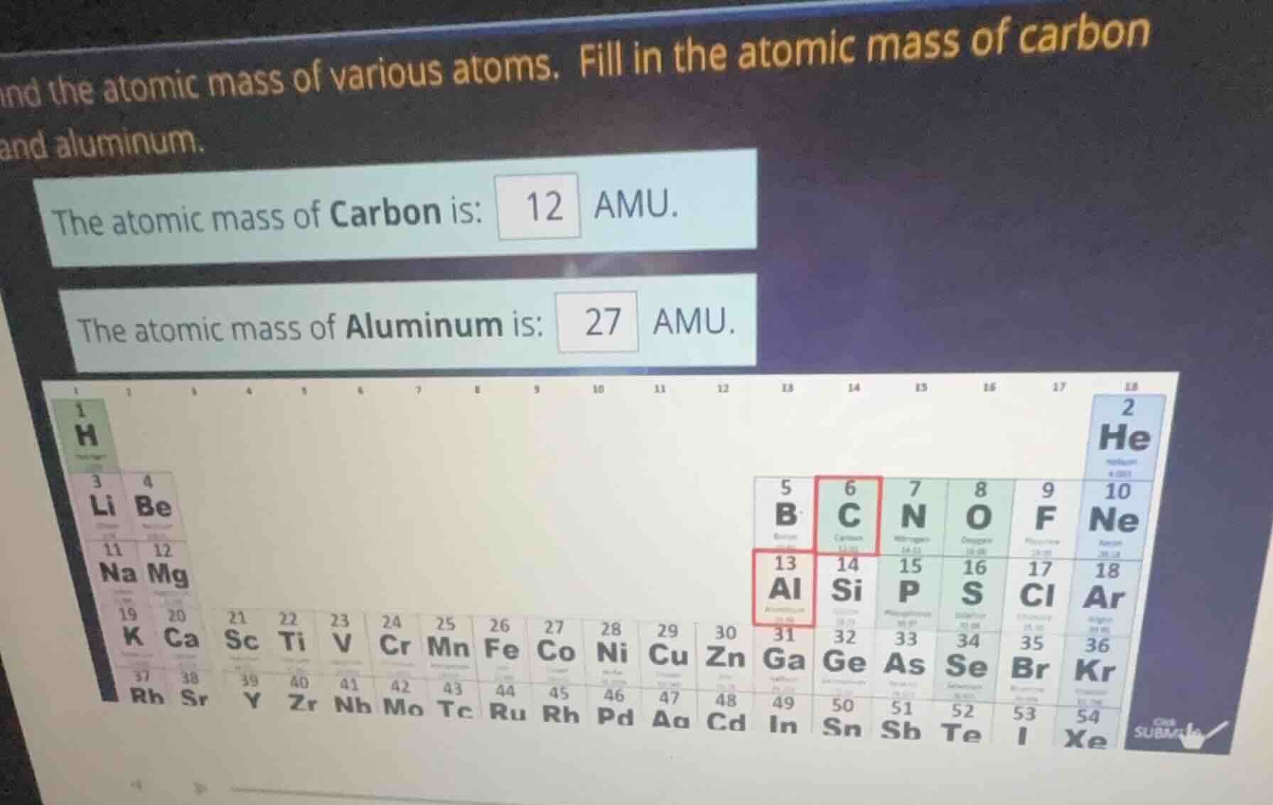 nd the atomic mass of various atoms. fill in the atomic mass of carbon …