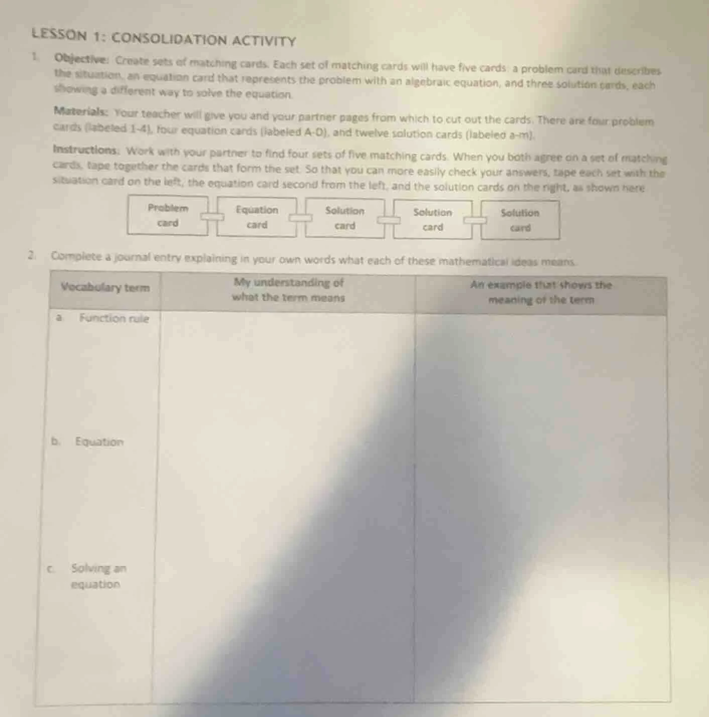 lesson 1: consolidation activity 1. objective: create sets of matching …