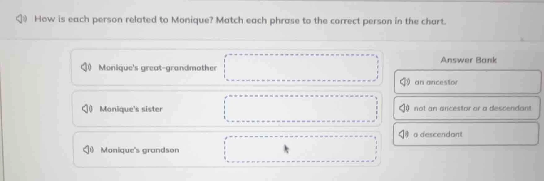 how is each person related to monique? match each phrase to the correct…