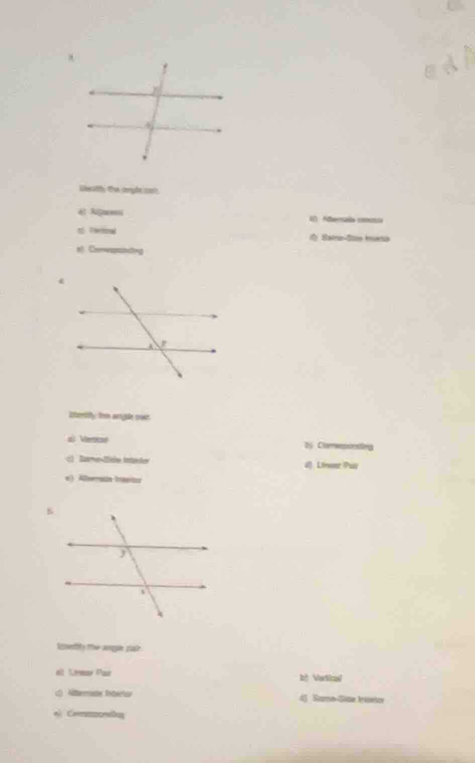 identify the angle pair. a) adjacent b) vertical c) corresponding d) al…