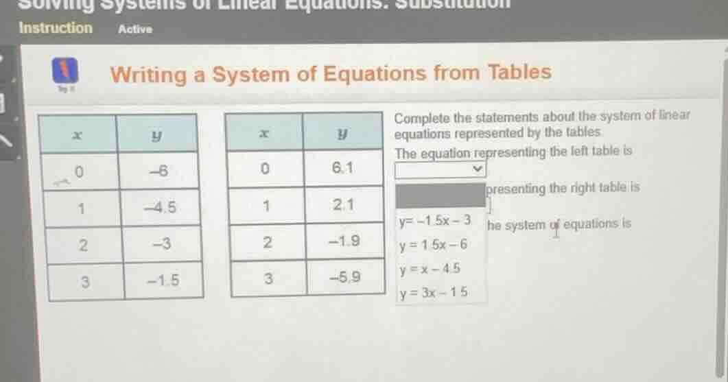 writing a system of equations from tables complete the statements about…