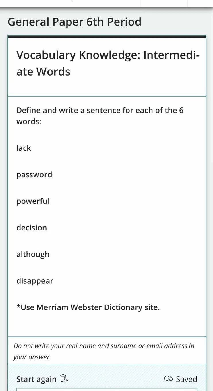 general paper 6th period vocabulary knowledge: intermediate words defin…
