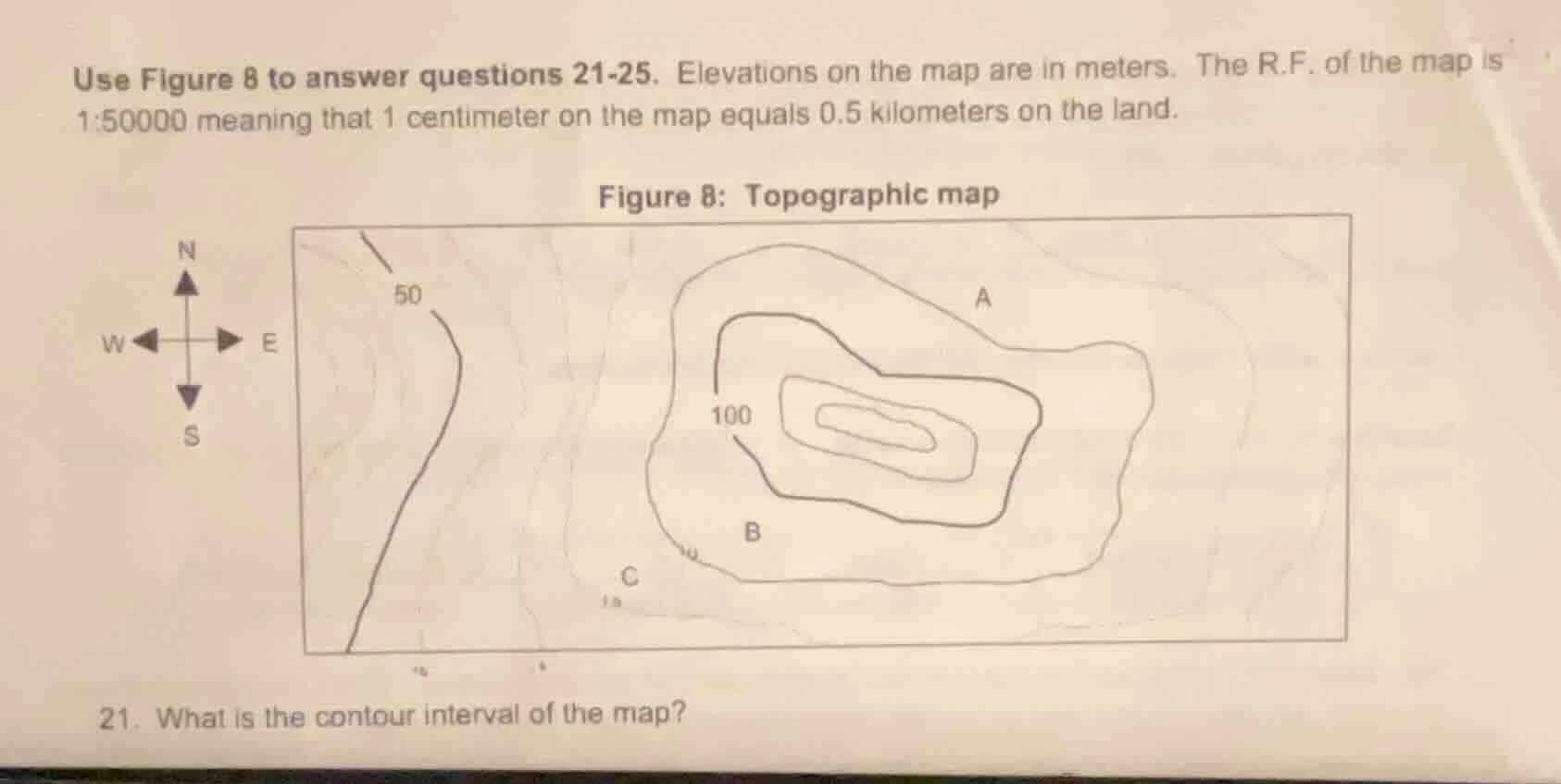 use figure 8 to answer questions 21-25. elevations on the map are in me…