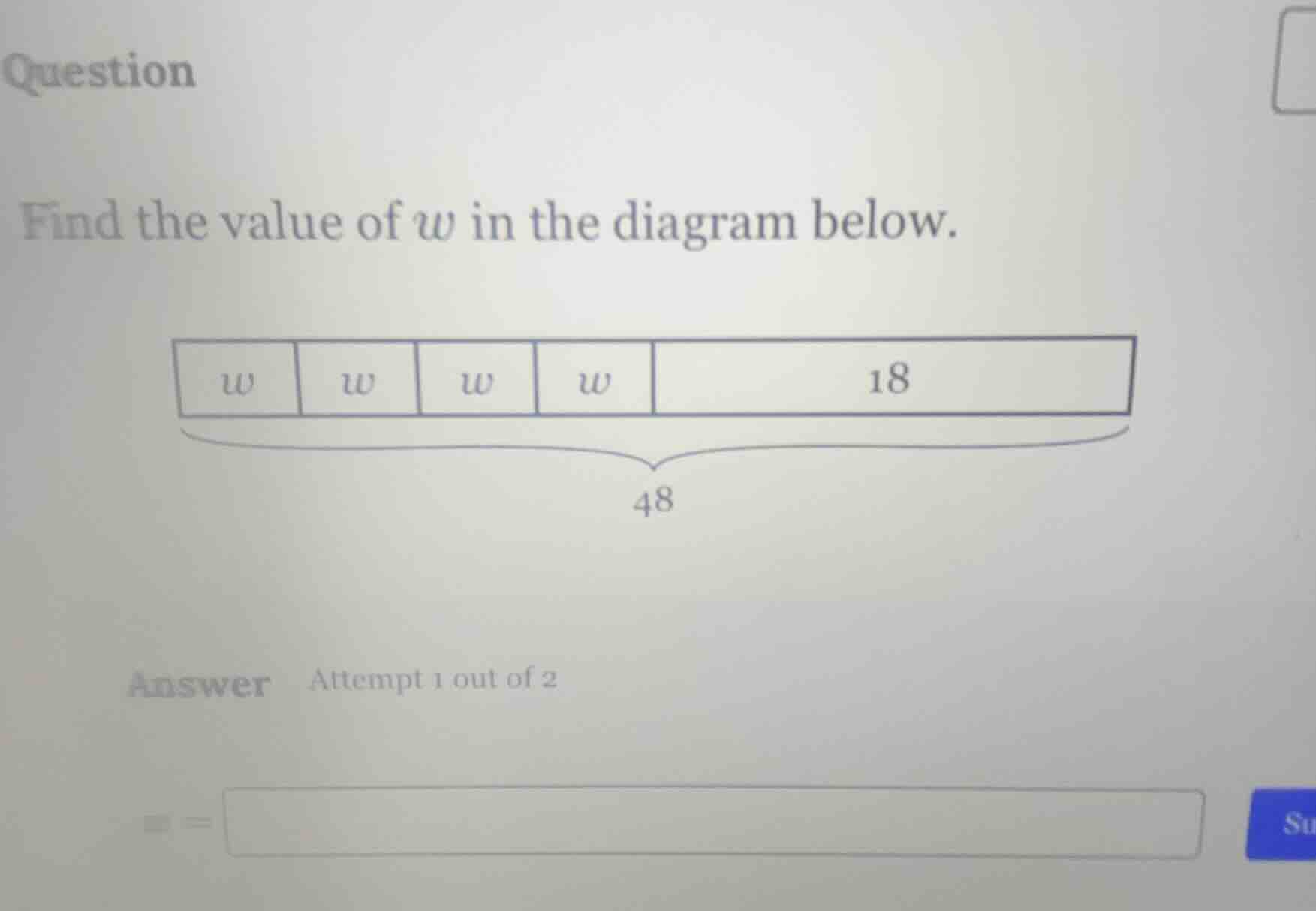 question find the value of ( w ) in the diagram below. (diagram: a bar …