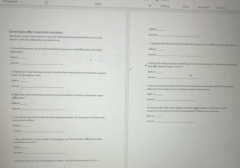 great depression powerpoint questions directions: answer each question …