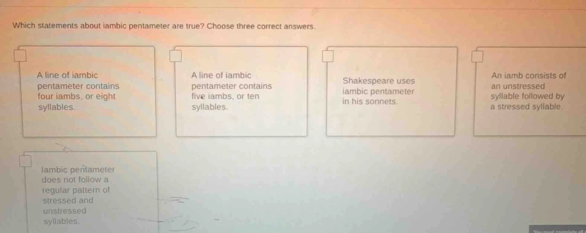 which statements about iambic pentameter are true? choose three correct…