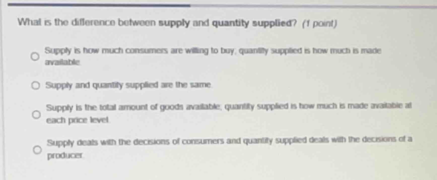 what is the difference between supply and quantity supplied? (1 point) …