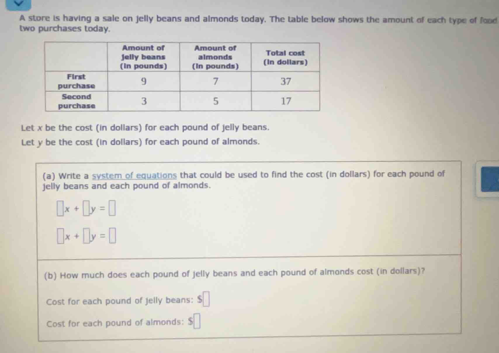 a store is having a sale on jelly beans and almonds today. the table be…