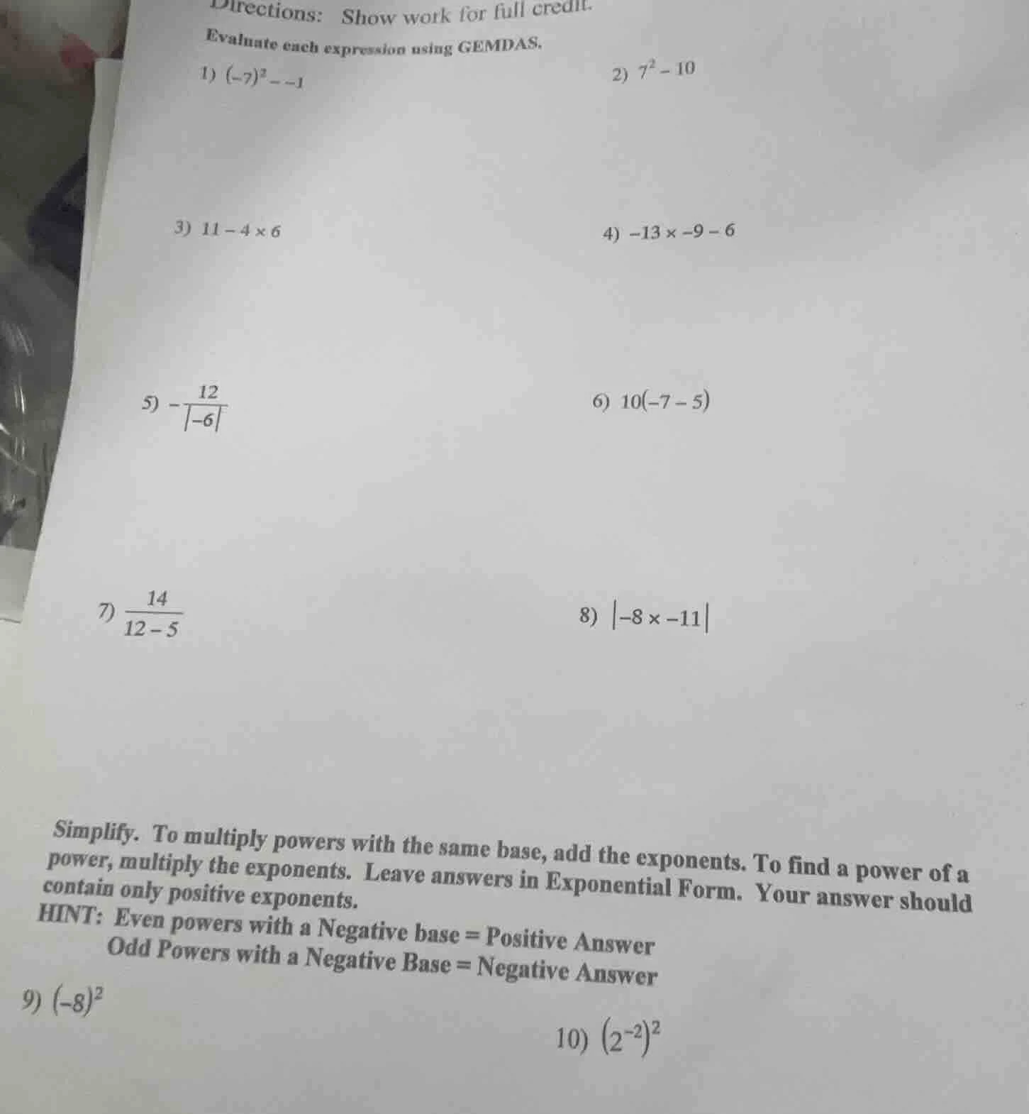 directions: show work for full credit. evaluate each expression using g…