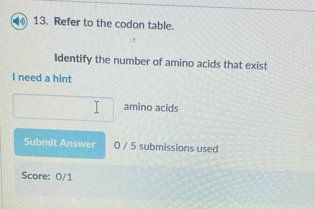 13. refer to the codon table. identify the number of amino acids that e…