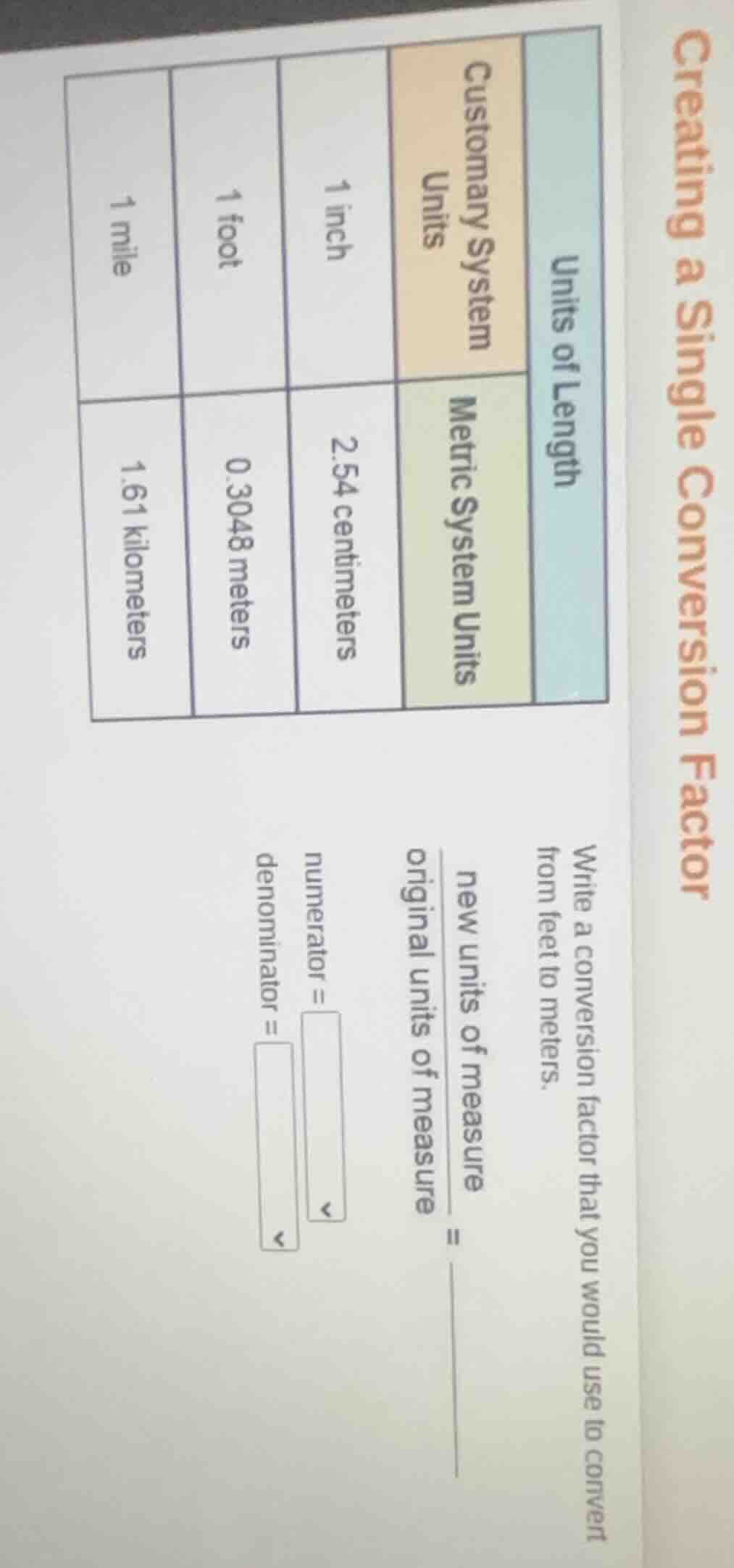 creating a single conversion factor units of length customary system un…