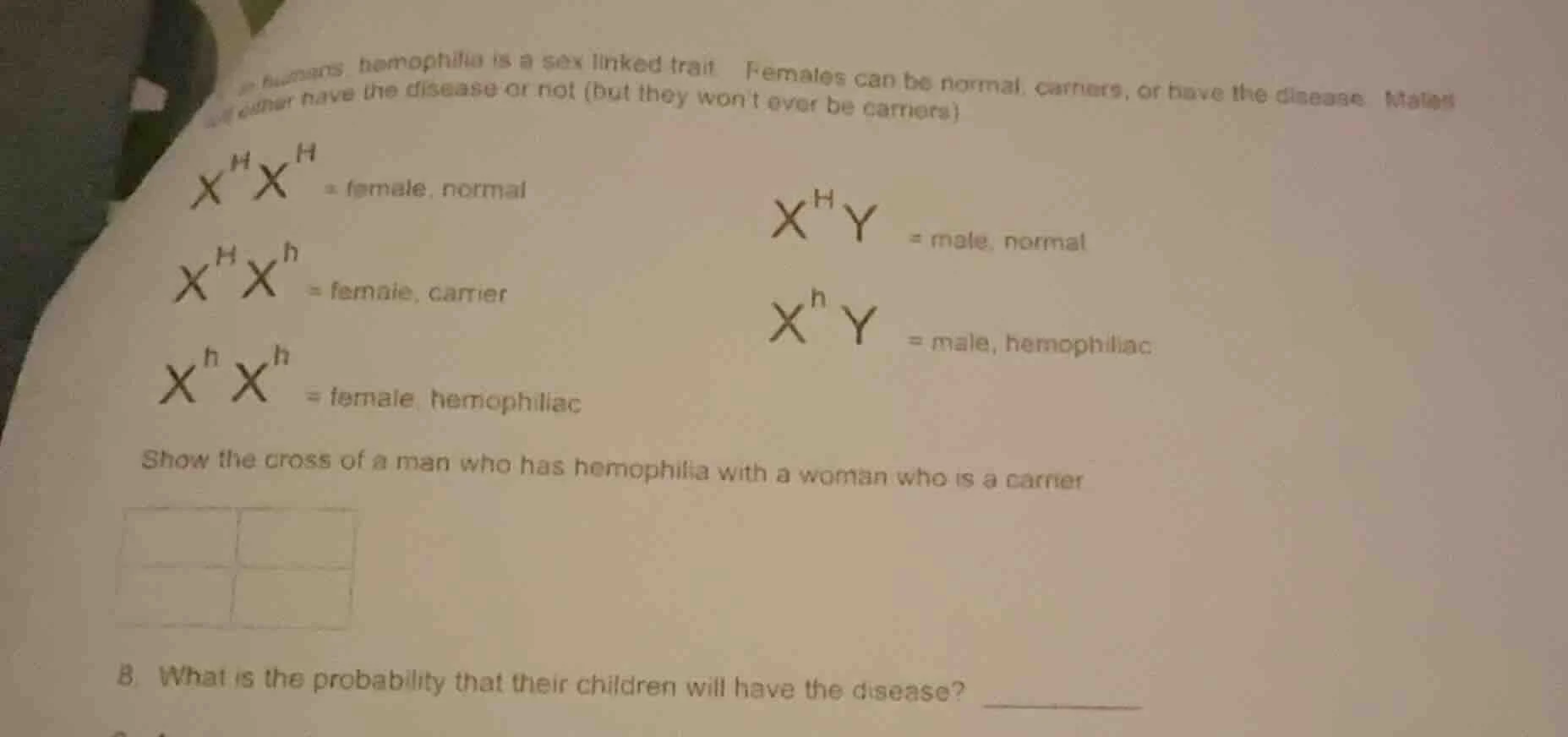 in humans, hemophilia is a sex linked trait. females can be normal, car…
