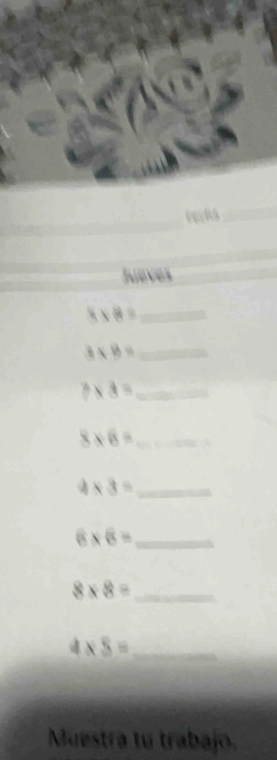 5×8= 4×9= 7×3= 8×6= 4×3= 6×6= 8×8= 4×5= muestra tu trabajo.