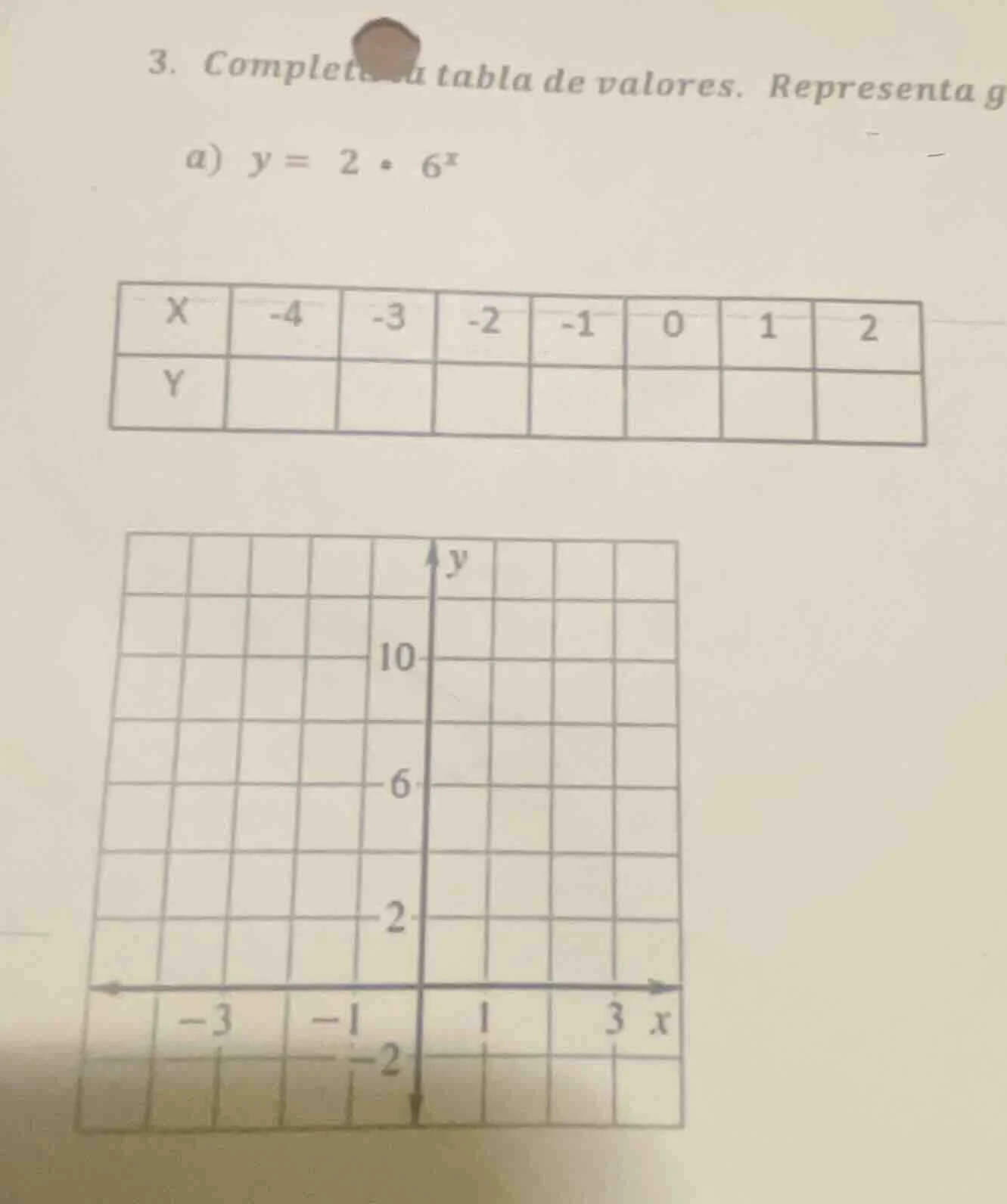 3. completa la tabla de valores. representa g a) $y = 2 \\cdot 6^x$ | x…