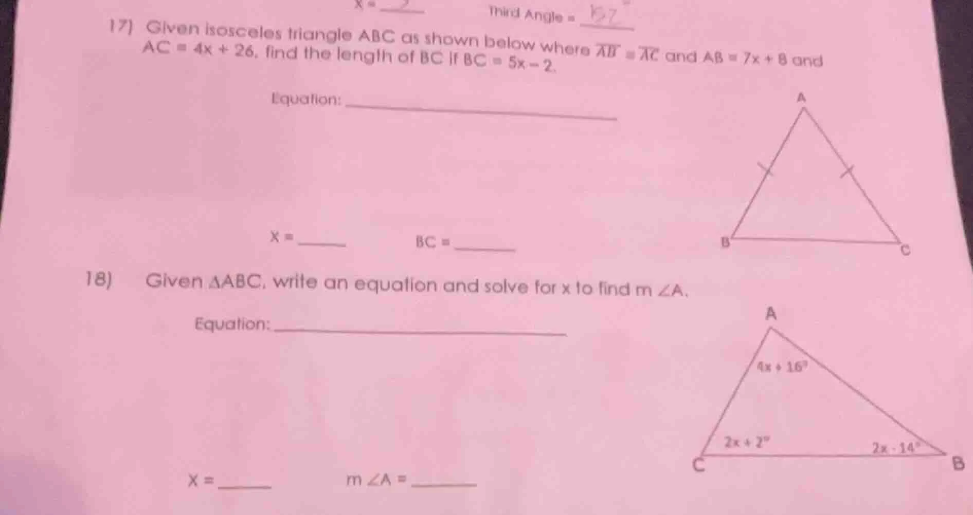 17) given isosceles triangle abc as shown below where \\( \\overline{ab…