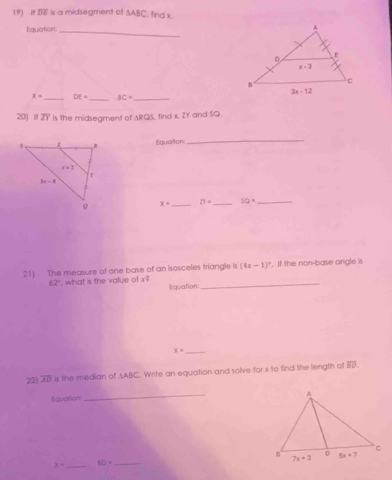 19) if \\( \\overline{de} \\) is a midsegment of \\( \\triangle abc \\)…