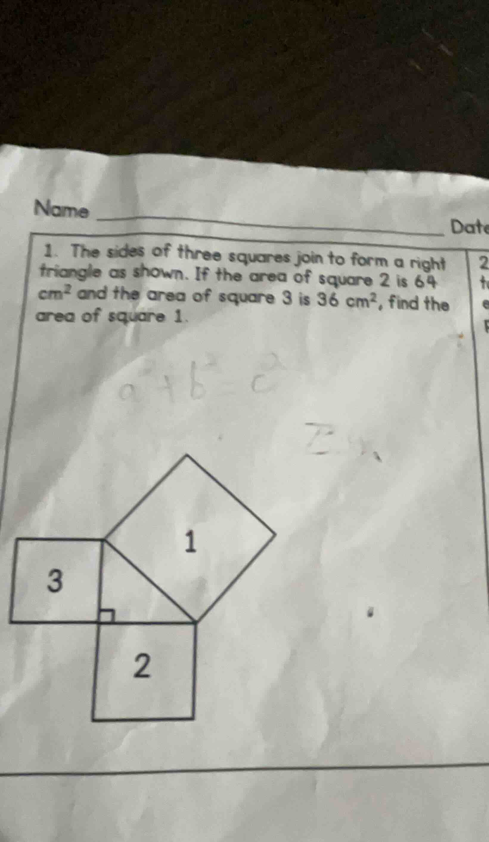 1. the sides of three squares join to form a right triangle as shown. i…