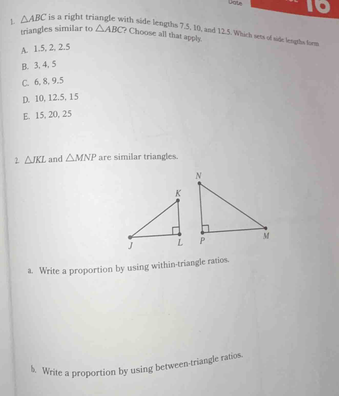 1. $\\triangle abc$ is a right triangle with side lengths 7.5, 10, and …