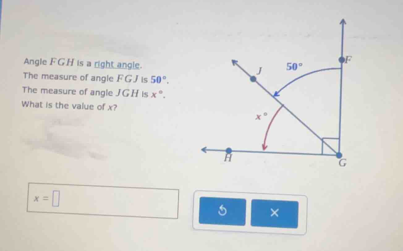 angle fgh is a right angle. the measure of angle fgj is 50°. the measur…