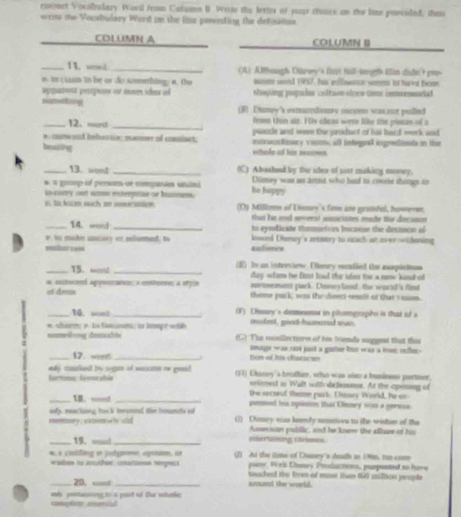 correct vocabulary word from column b. write the letter of your choice …