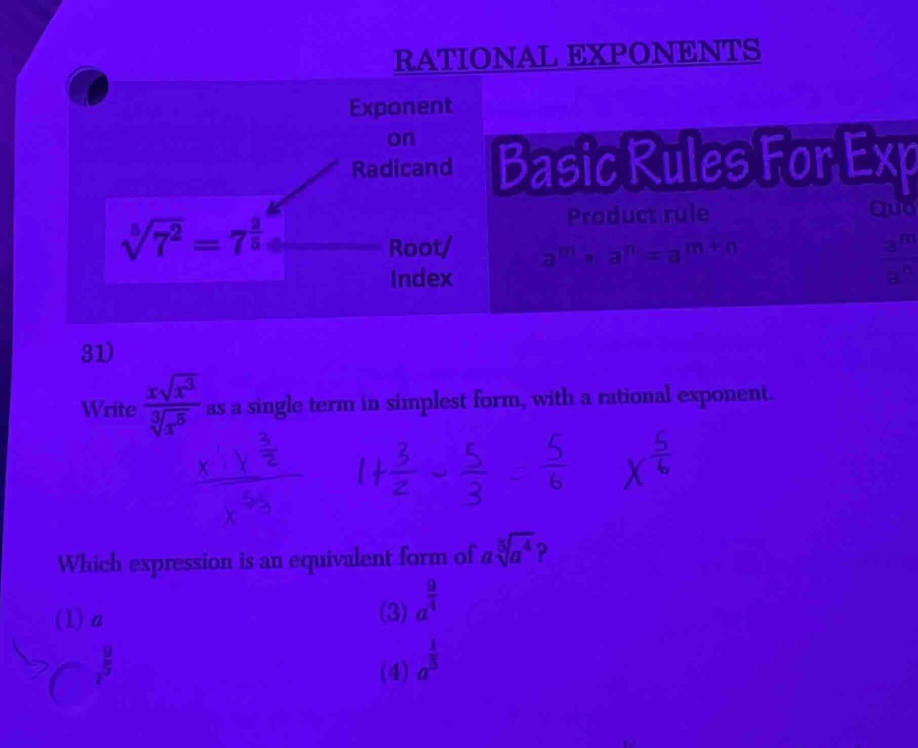 rational exponents exponent on radicand \\(\\sqrt5{7^2} = 7^{\\frac{2}{…