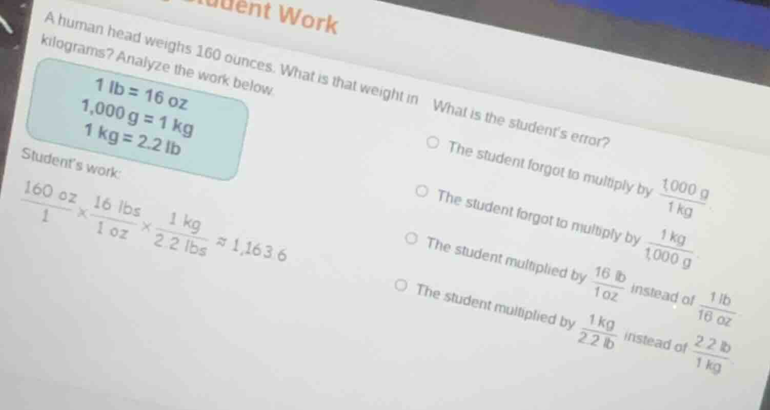 a human head weighs 160 ounces. what is that weight in kilograms? analy…