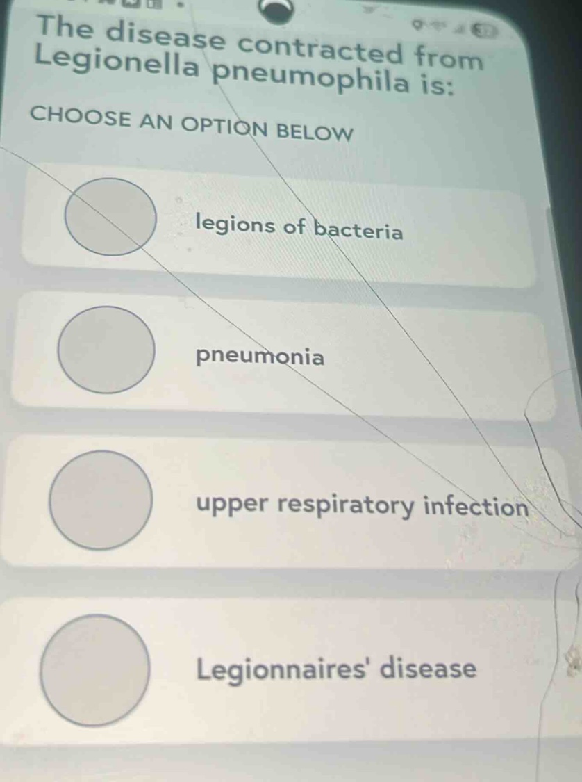 the disease contracted from legionella pneumophila is: choose an option…
