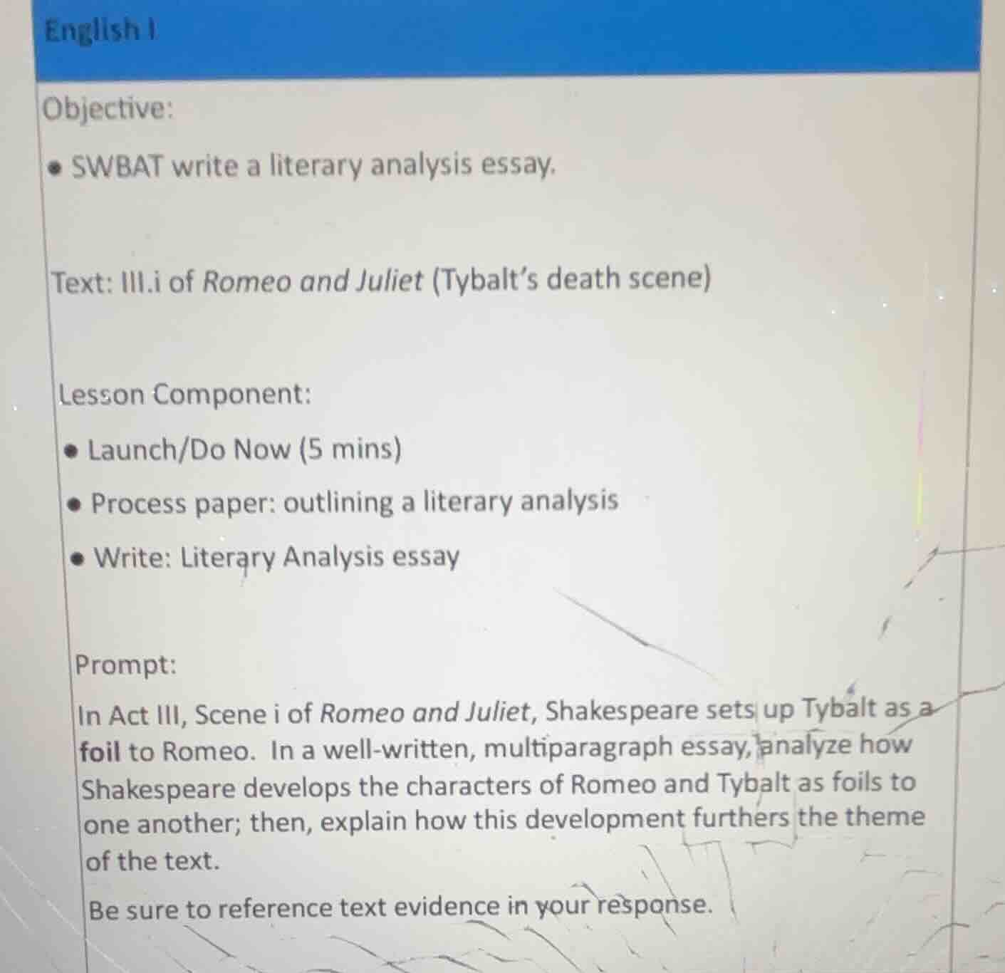 english i objective: - swbat write a literary analysis essay. text: iii…