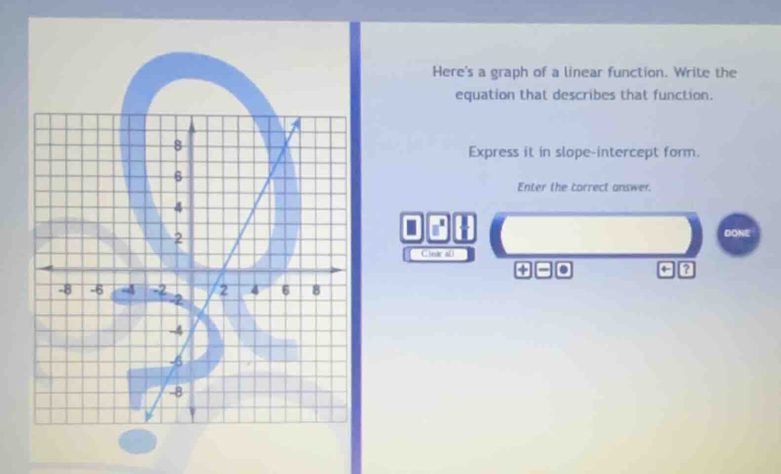 heres a graph of a linear function. write the equation that describes t…