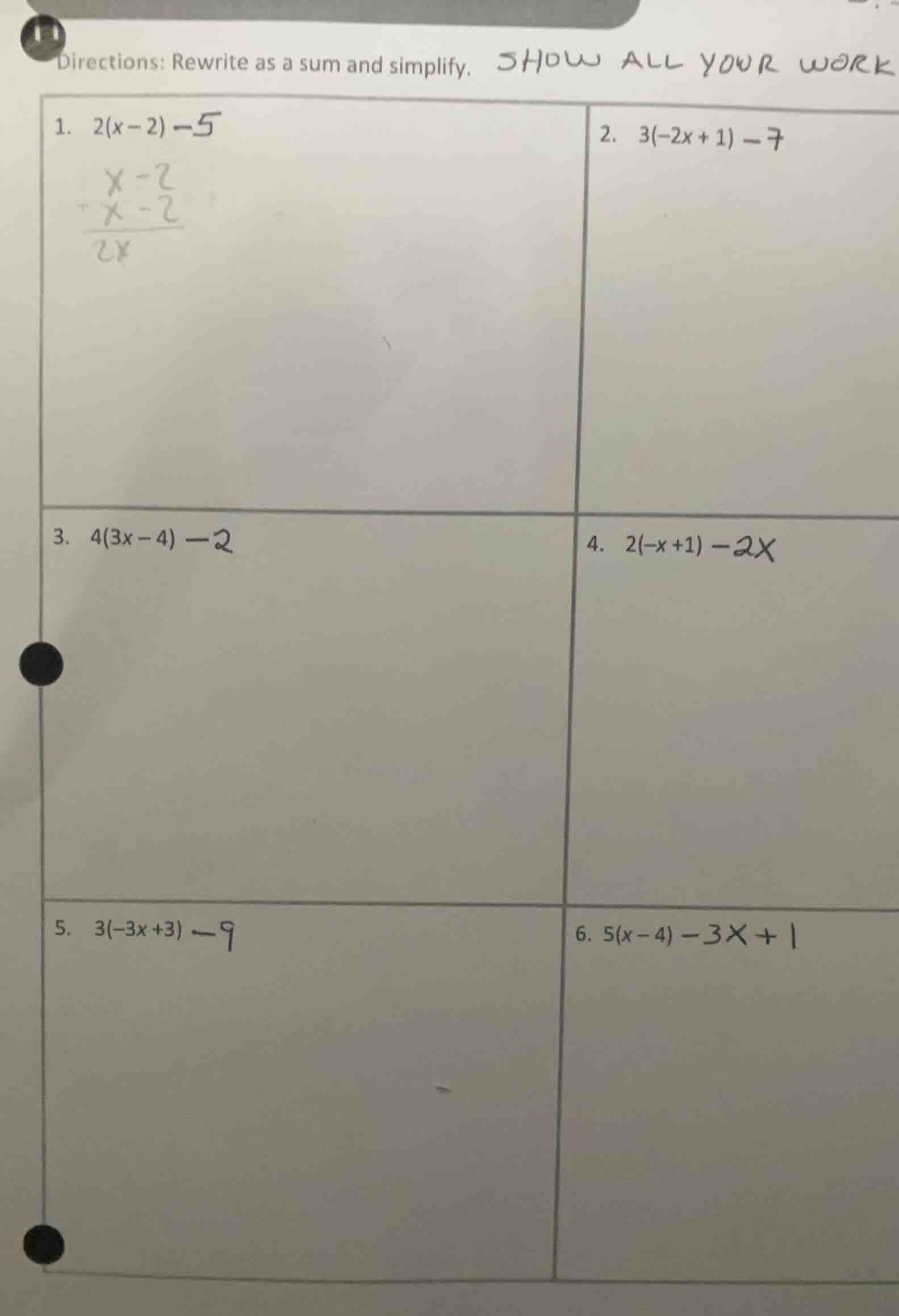 directions: rewrite as a sum and simplify. show all your work 1. $2(x -…