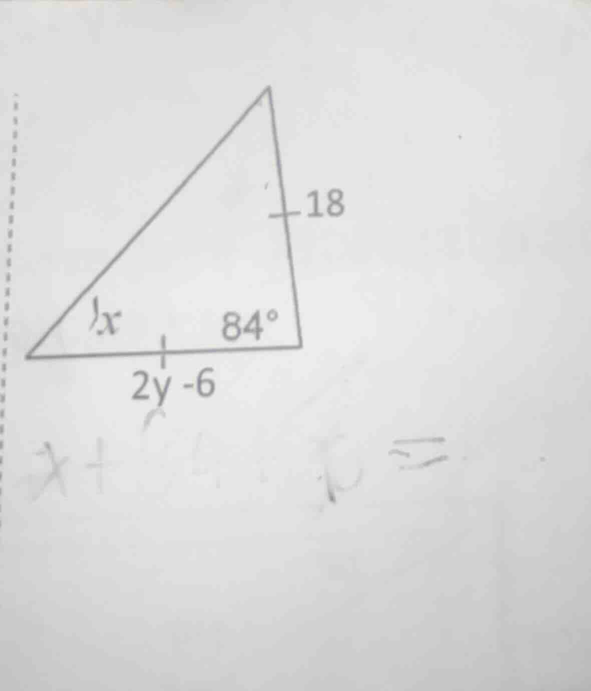 triangle with one side labeled 18, another side labeled 2y - 6, angle l…