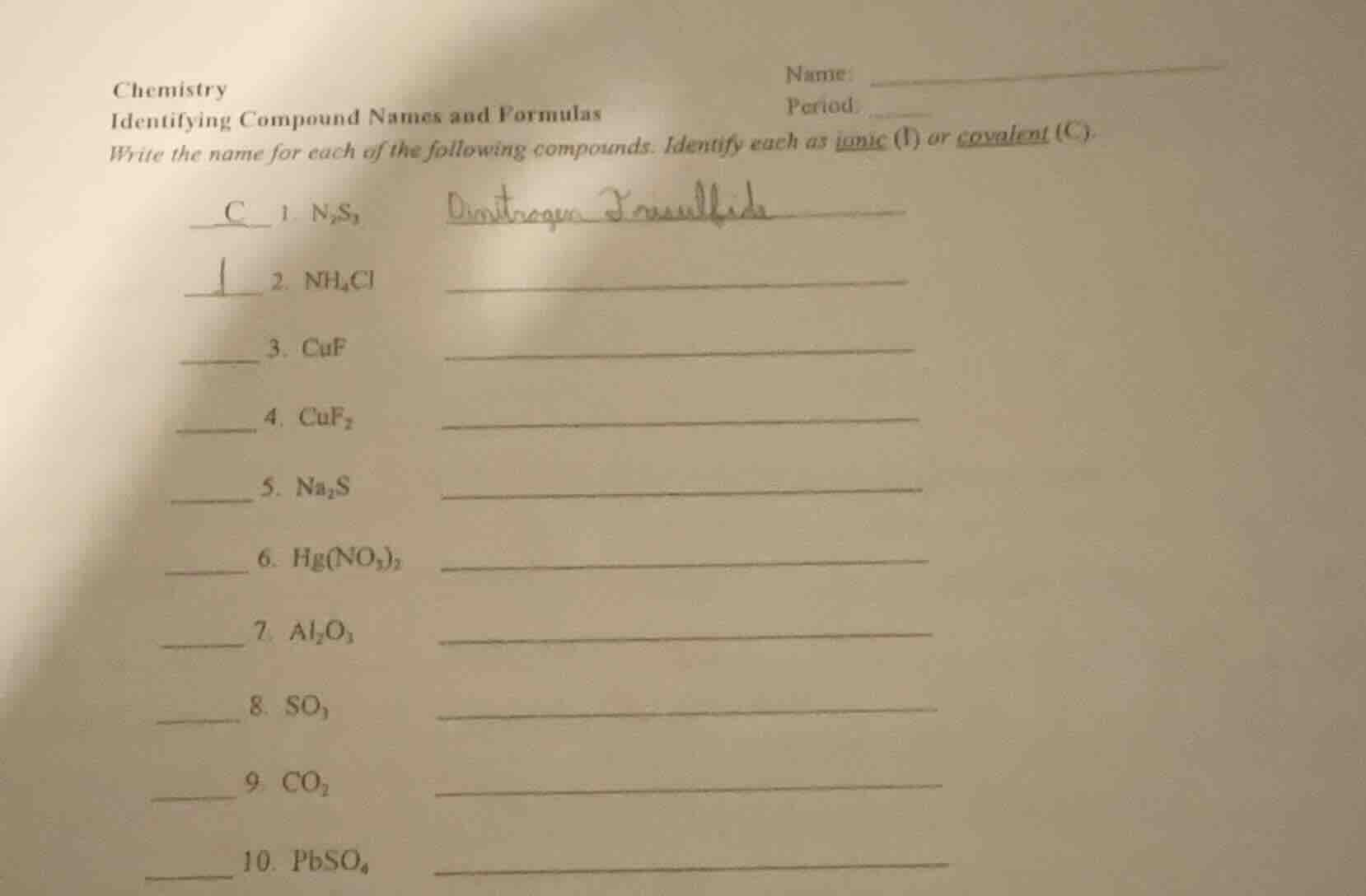chemistry identifying compound names and formulas name: period: write t…