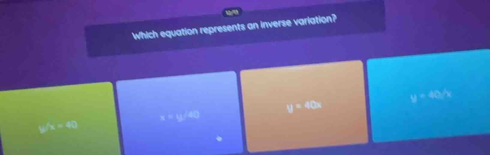 which equation represents an inverse variation? $y/x = 40$ $x = y/40$ $…