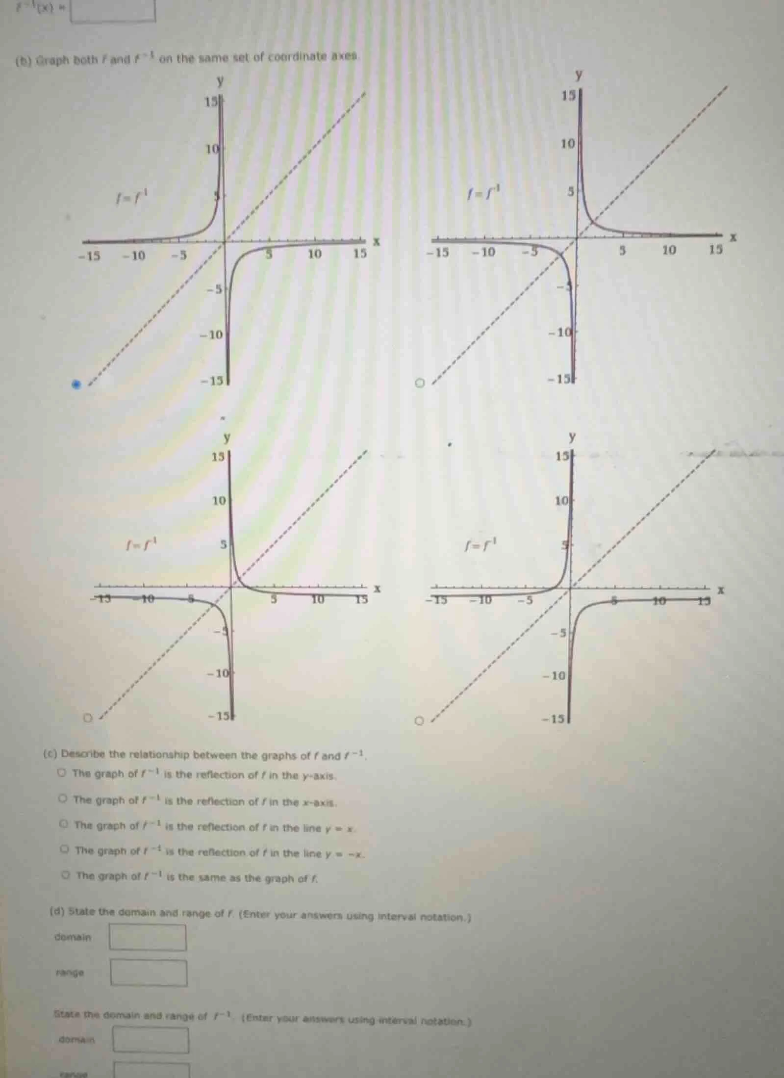 (b) graph both ( f ) and ( f^{-1} ) on the same set of coordinate axes.…
