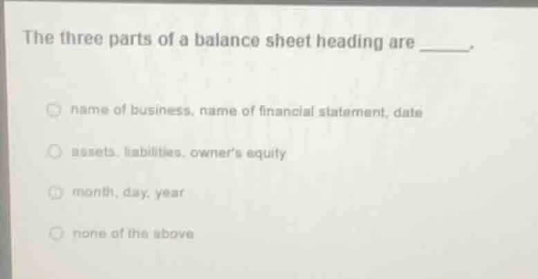 the three parts of a balance sheet heading are ______. name of business…