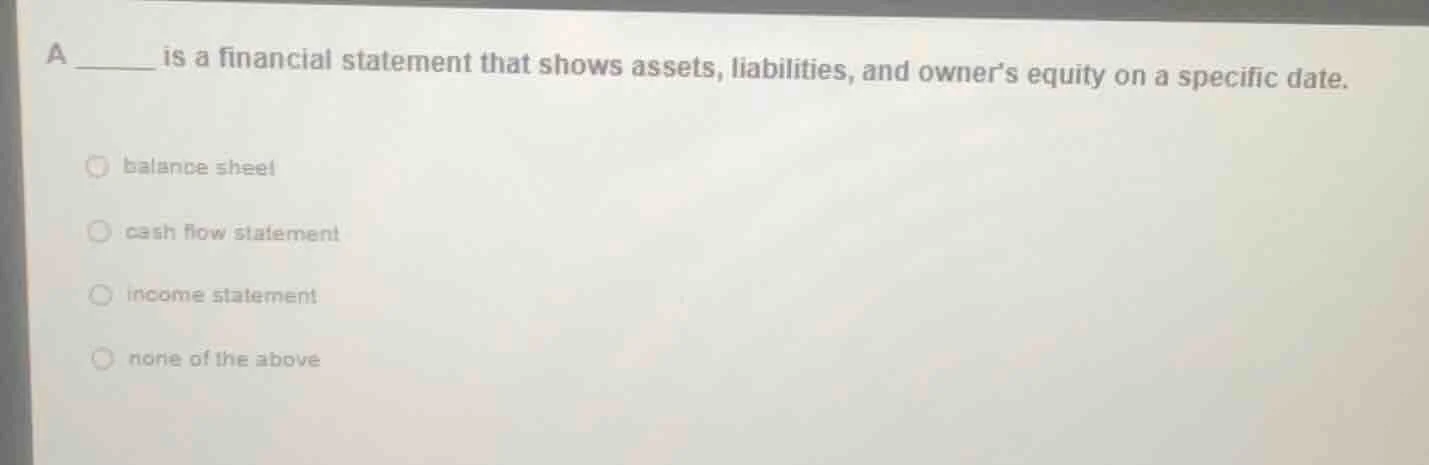 a ______ is a financial statement that shows assets, liabilities, and o…