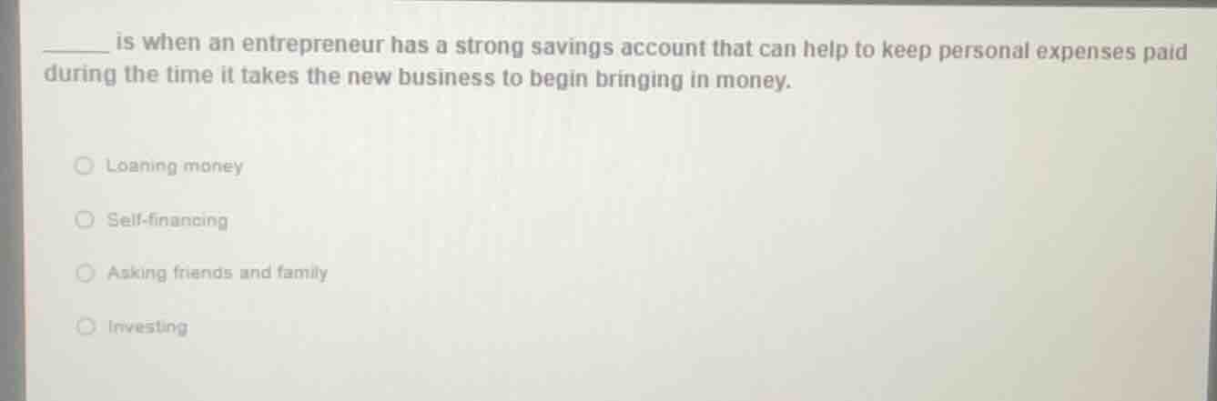 _____ is when an entrepreneur has a strong savings account that can hel…