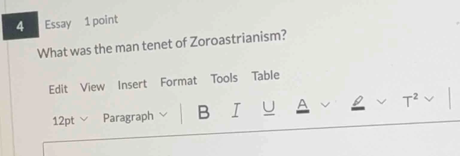 4 essay 1 point what was the man tenet of zoroastrianism?