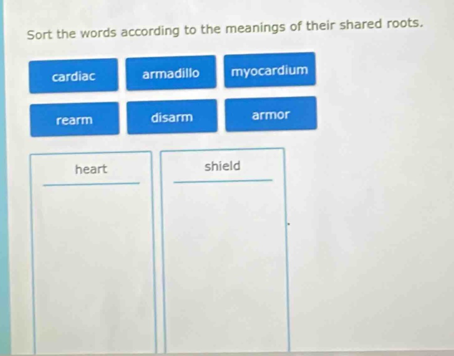 sort the words according to the meanings of their shared roots. cardiac…