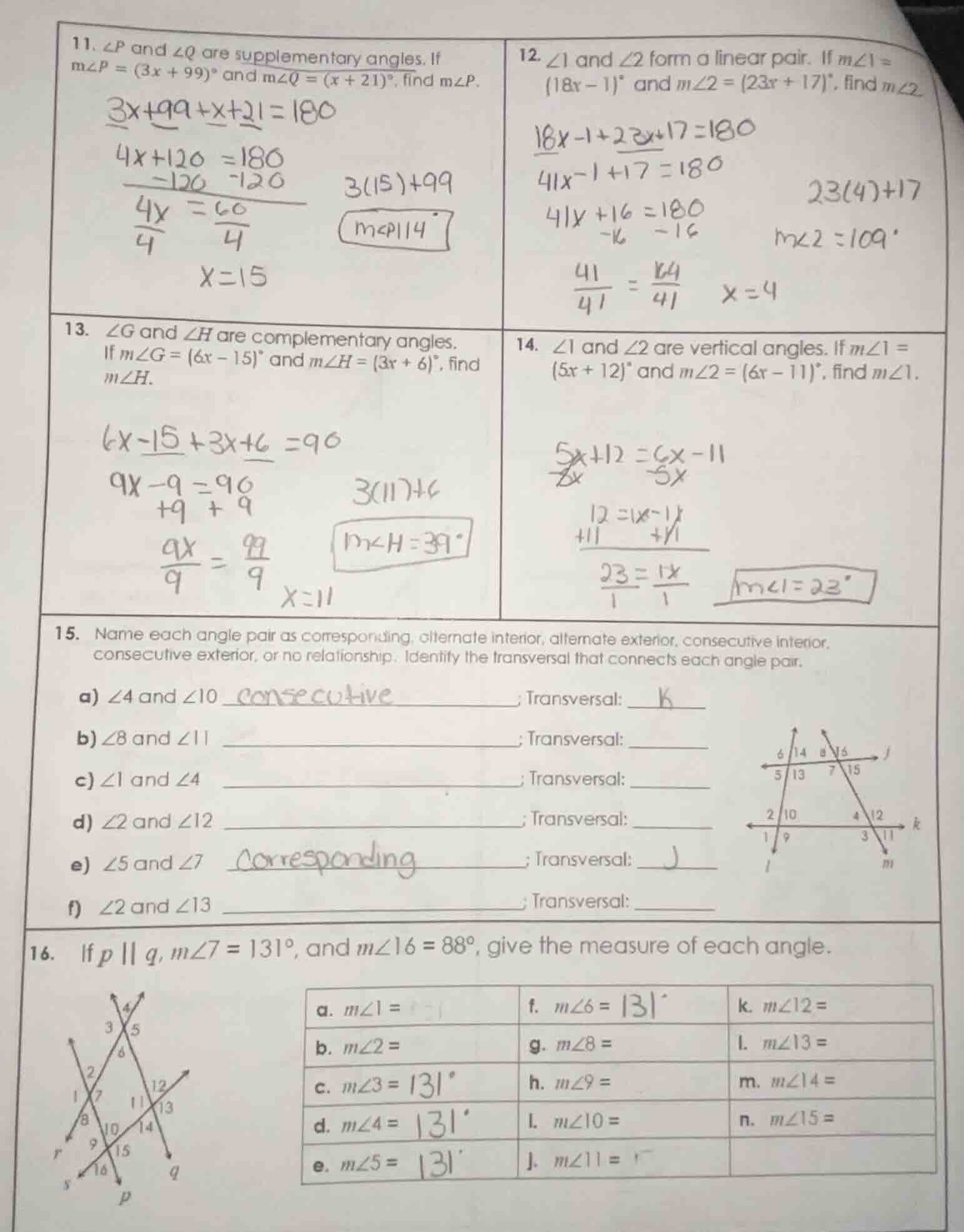 11. $\\angle p$ and $\\angle q$ are supplementary angles. if $m\\angle …