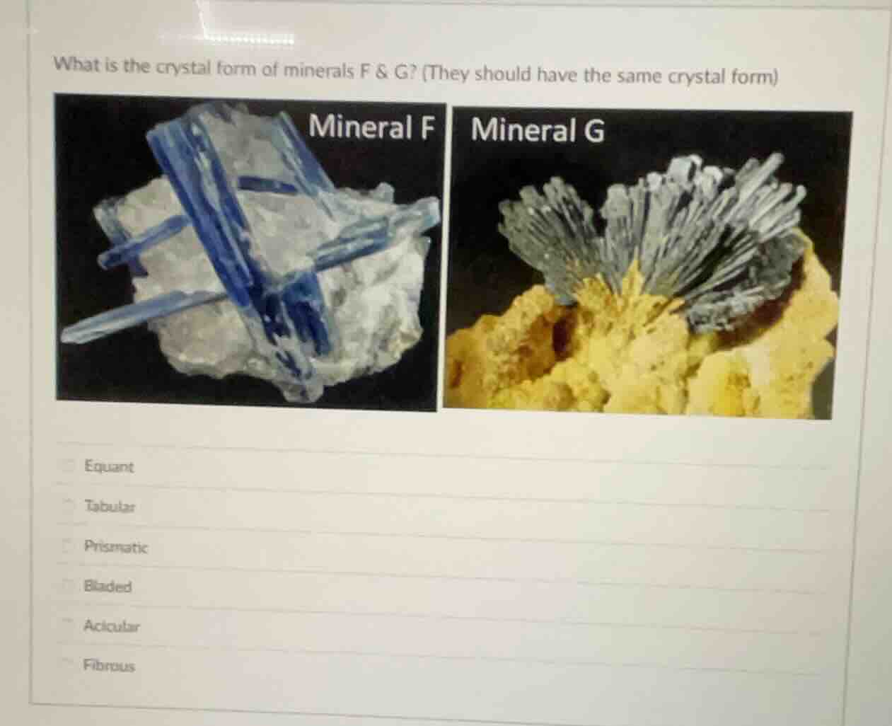 what is the crystal form of minerals f & g? (they should have the same …