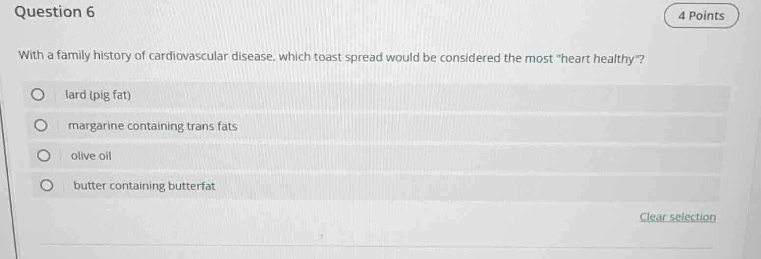 question 6 with a family history of cardiovascular disease, which toast…