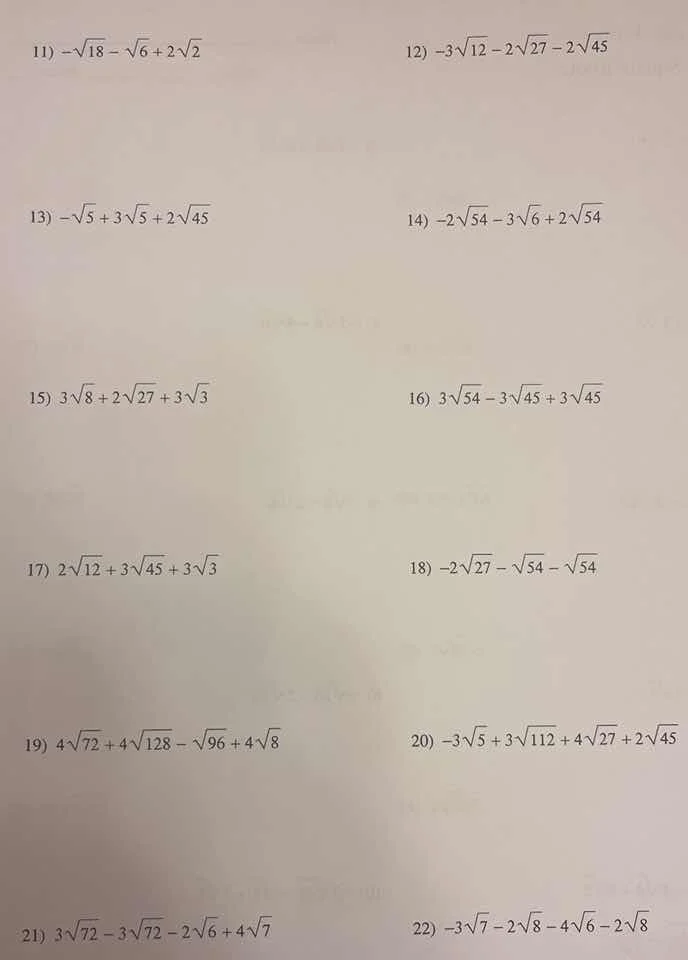 11) $-sqrt{18} - sqrt{6} + 2sqrt{2}$ 12) $-3sqrt{12} - 2sqrt{27} - 2sqr…