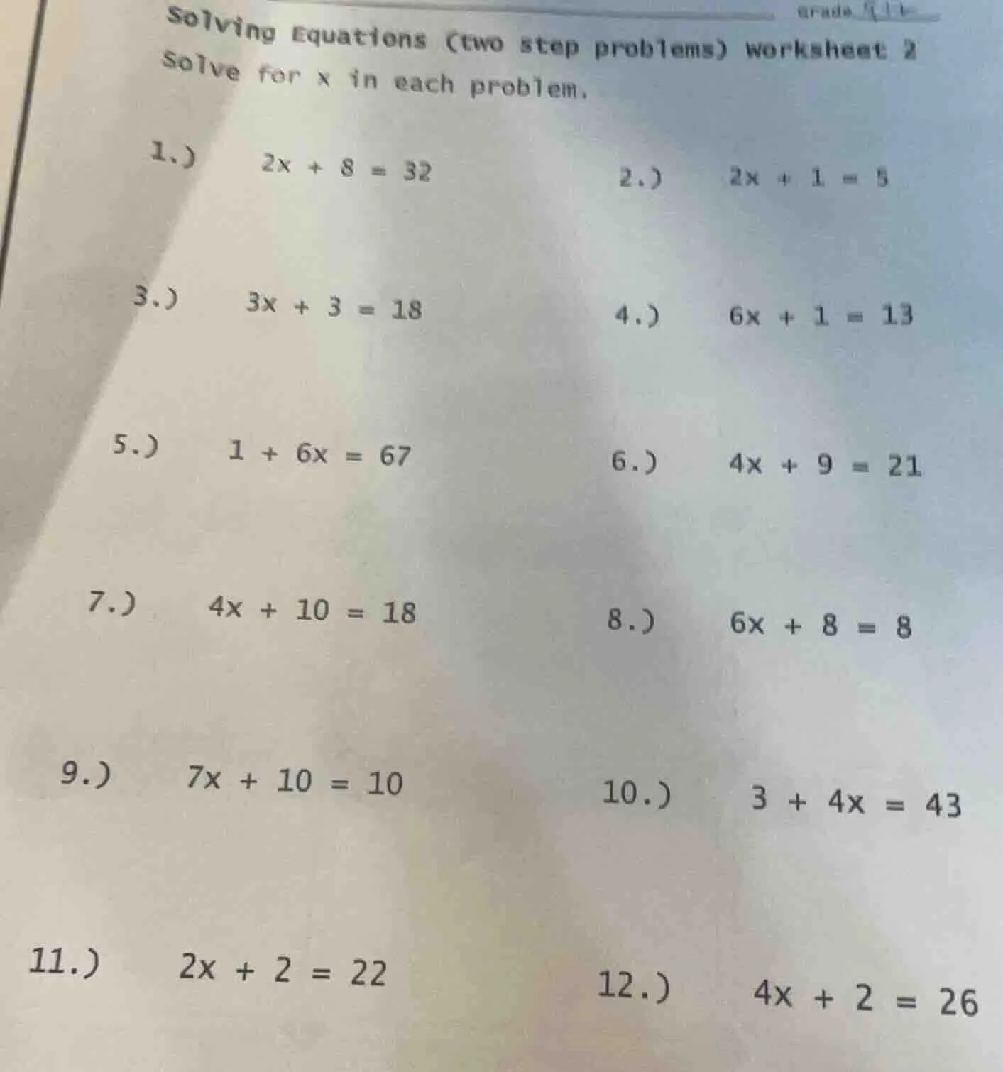 solving equations (two step problems) worksheet 2 solve for x in each p…