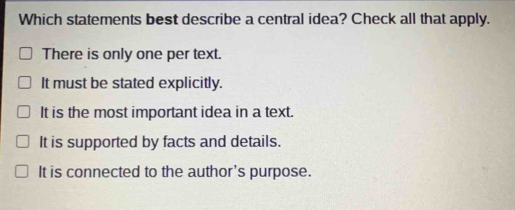 which statements best describe a central idea? check all that apply. th…