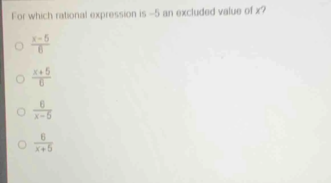 for which rational expression is -5 an excluded value of x? $\\frac{x -…