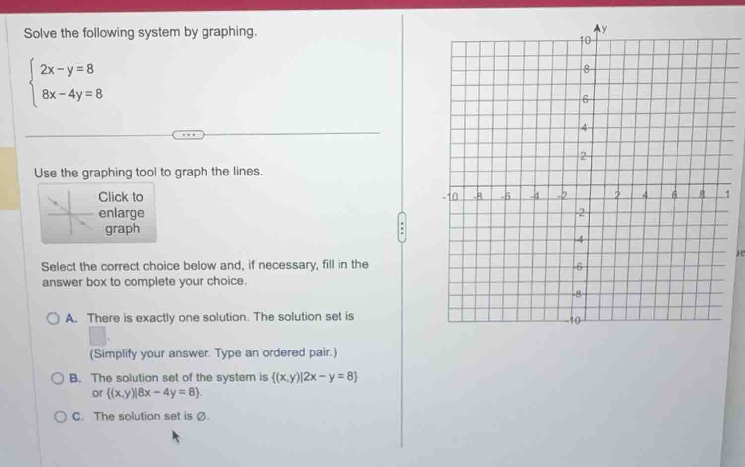 solve the following system by graphing.\\( \\begin{cases} 2x - y = 8 \\…