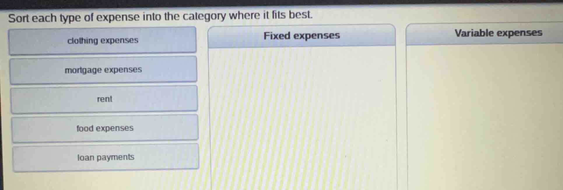 sort each type of expense into the category where it fits best. clothin…