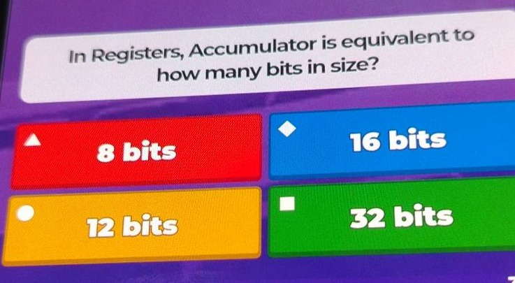 in registers, accumulator is equivalent to how many bits in size? 8 bit…