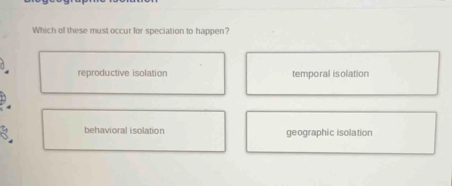 which of these must occur for speciation to happen? reproductive isolat…